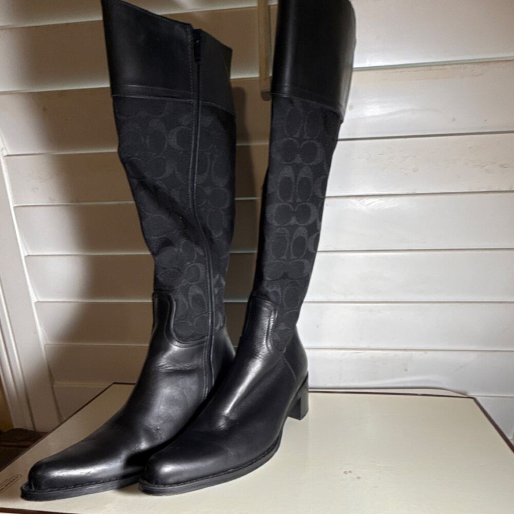Coach Olivia G2 Logo Knee High Riding Boot, Black, Pointed Toe, Leather, Size 8B